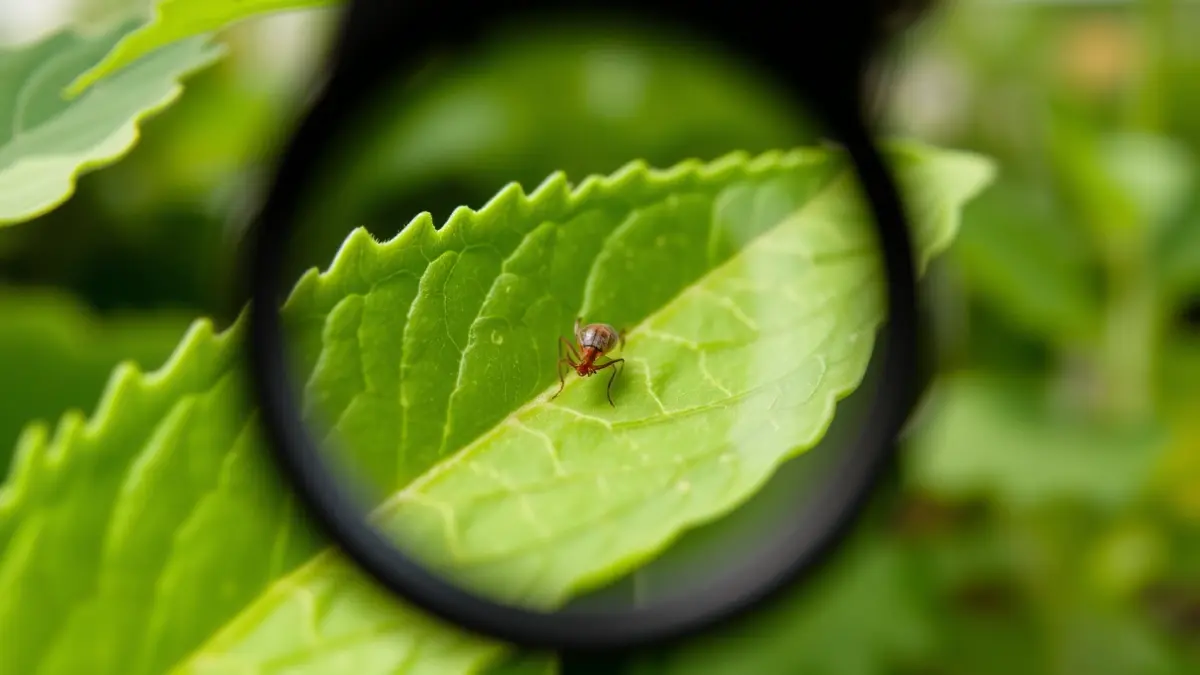 Image of predatory mites on a plant leaf, representing biological pest control.