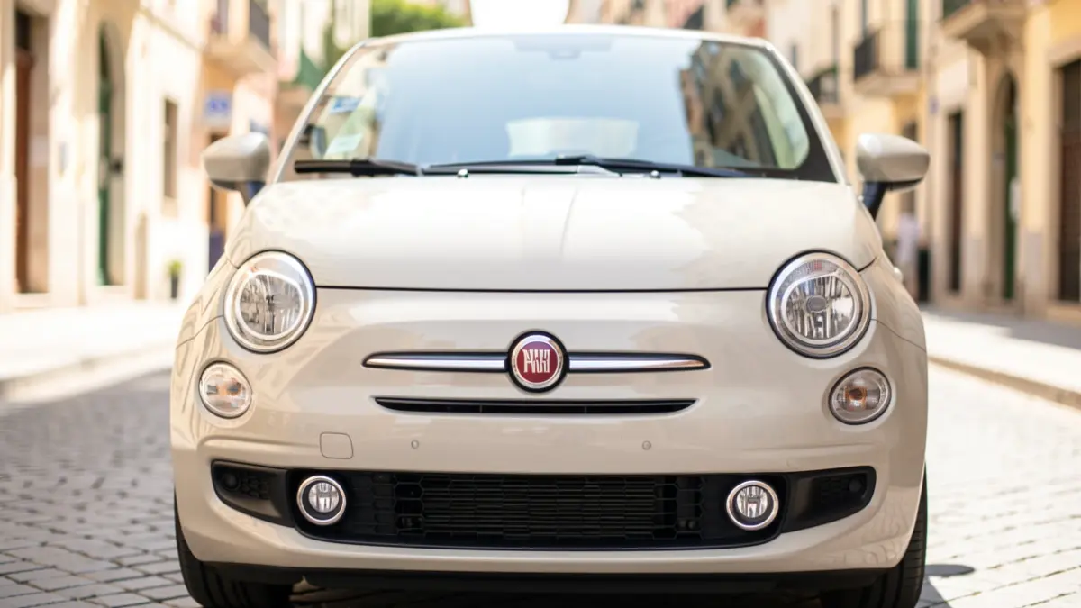 Close-up of the Fiat 500 Hybrid in Mediterranean sunlight.