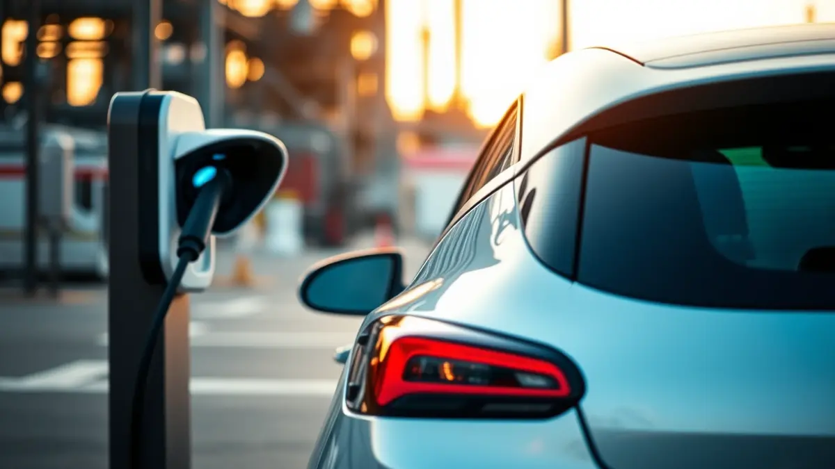 Image of an electric car charging at a station, with a blurred factory in the background.