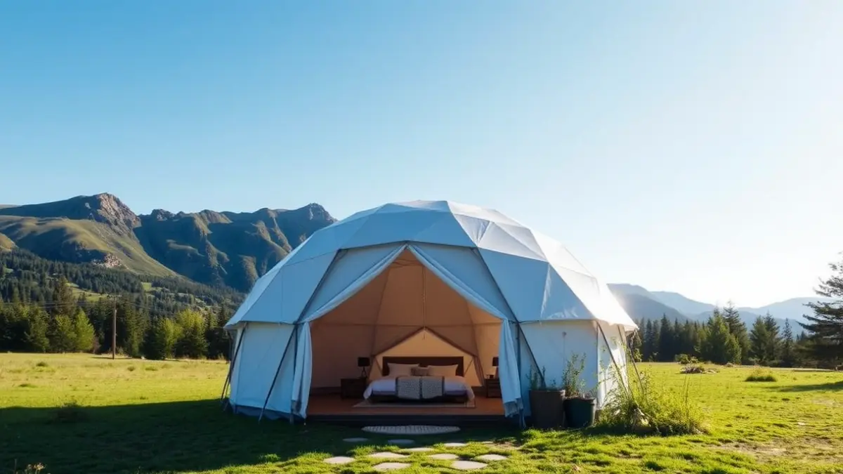 Image of a geodesic dome glamping tent in a natural setting, with mountains in the background.