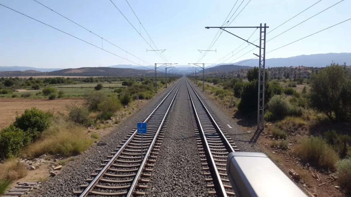 Vías de tren de alta velocidad en un paisaje andaluz, con líneas de electrificación.
