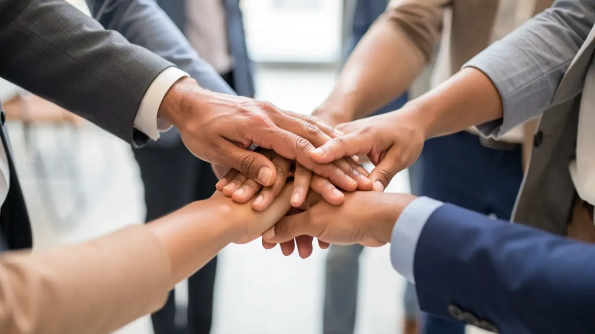 Imagen genérica de manos diversas colaborando en un entorno corporativo.
