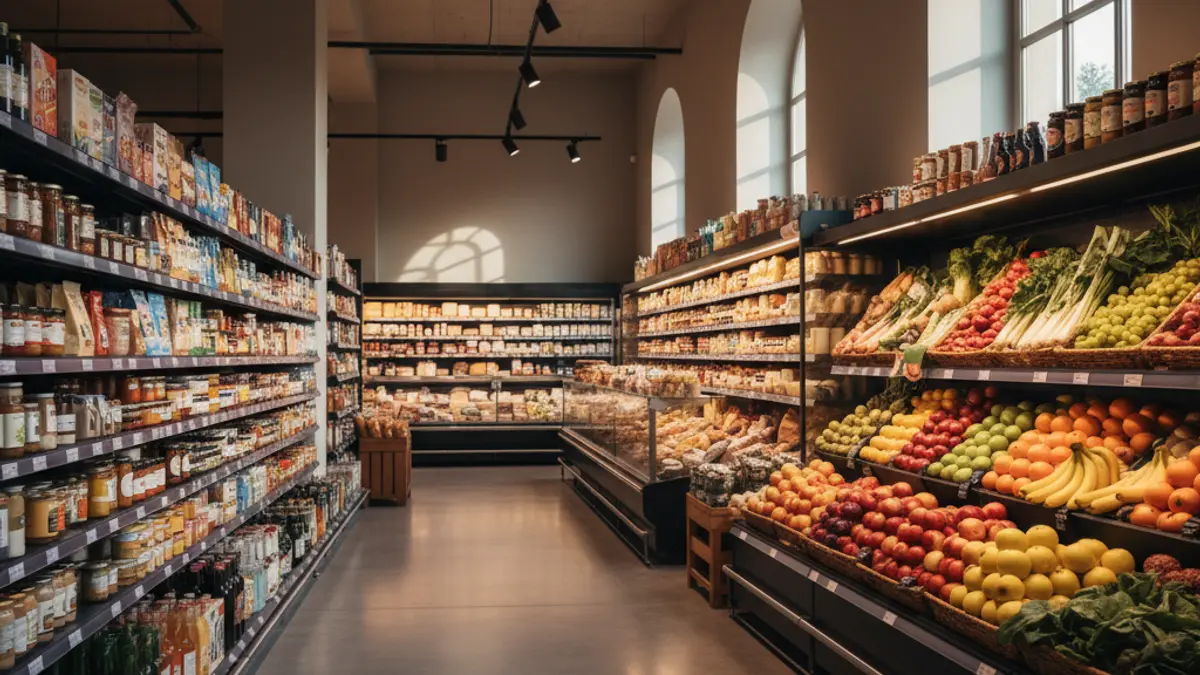 Generic image of a modern supermarket with wide aisles and fresh produce.