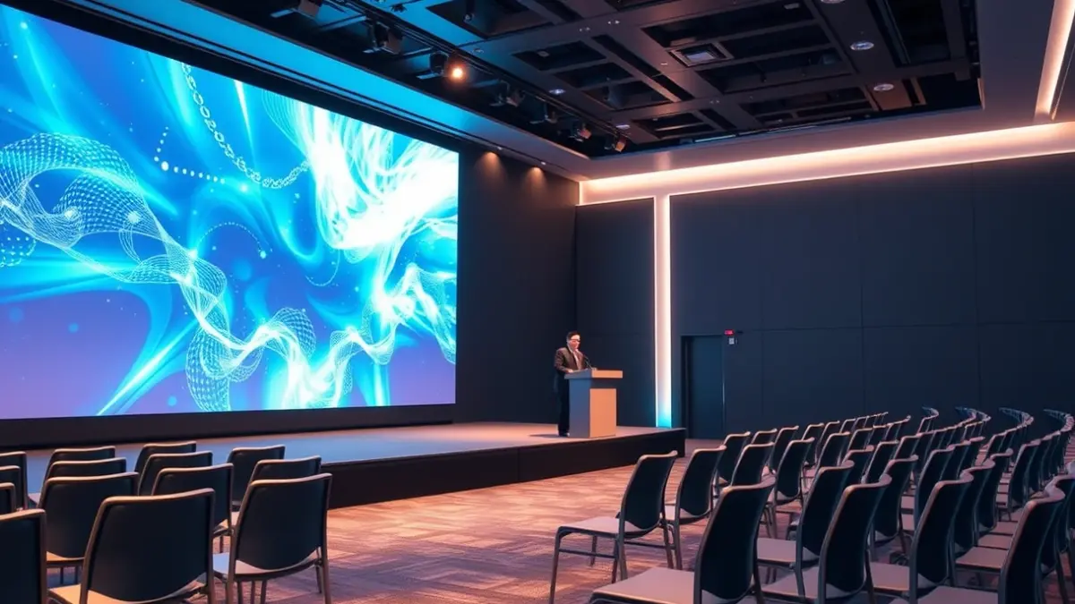 Generic image of a modern conference room with a digital screen and a podium.