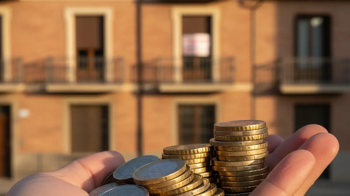 Generic image of euro coins, with blurred residential buildings in the background, symbolizing rising rental prices.