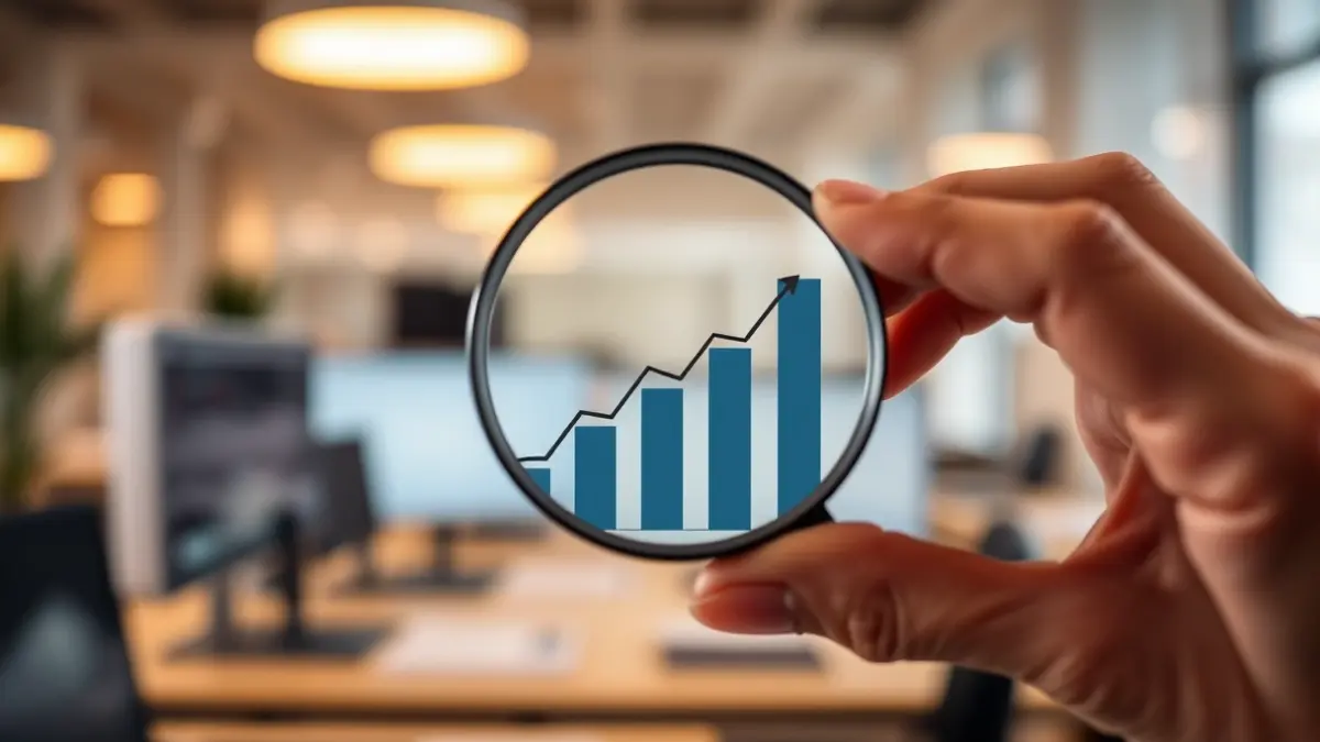 Generic image of a hand with a magnifying glass over a bar chart, symbolizing economic analysis.