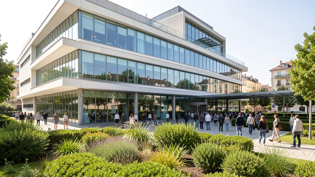Image of the new hospital facade in Valencia with garden areas.