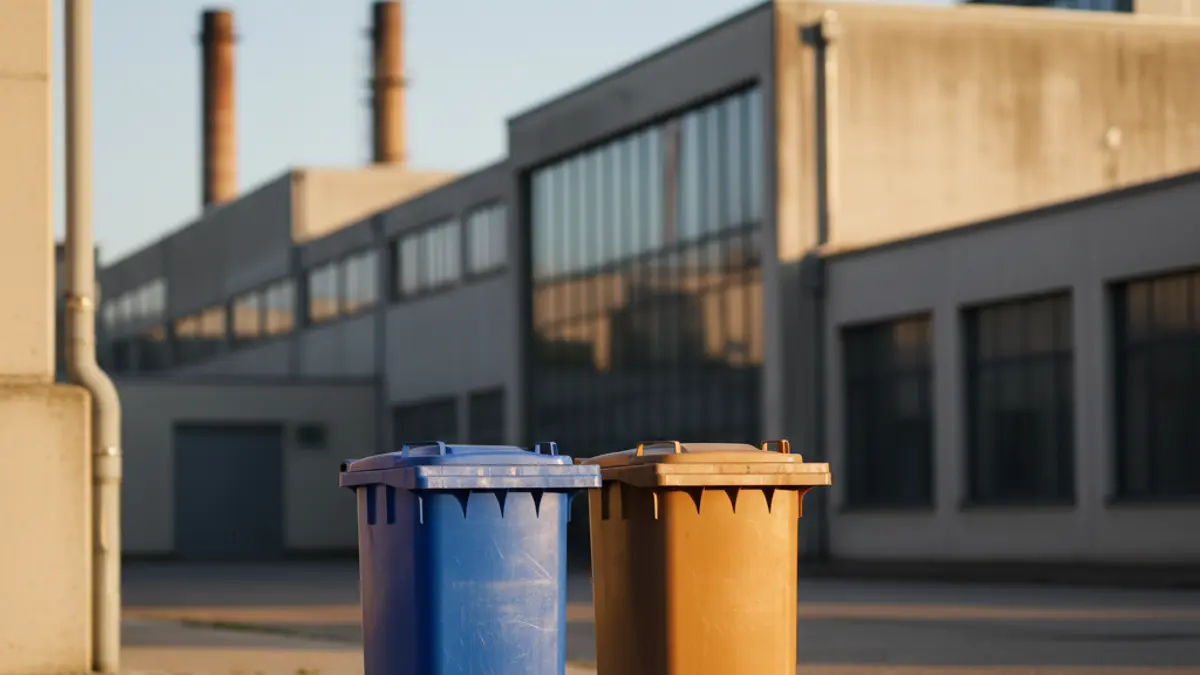 Generic image of selective collection bins for plastic and cardboard in an industrial park.