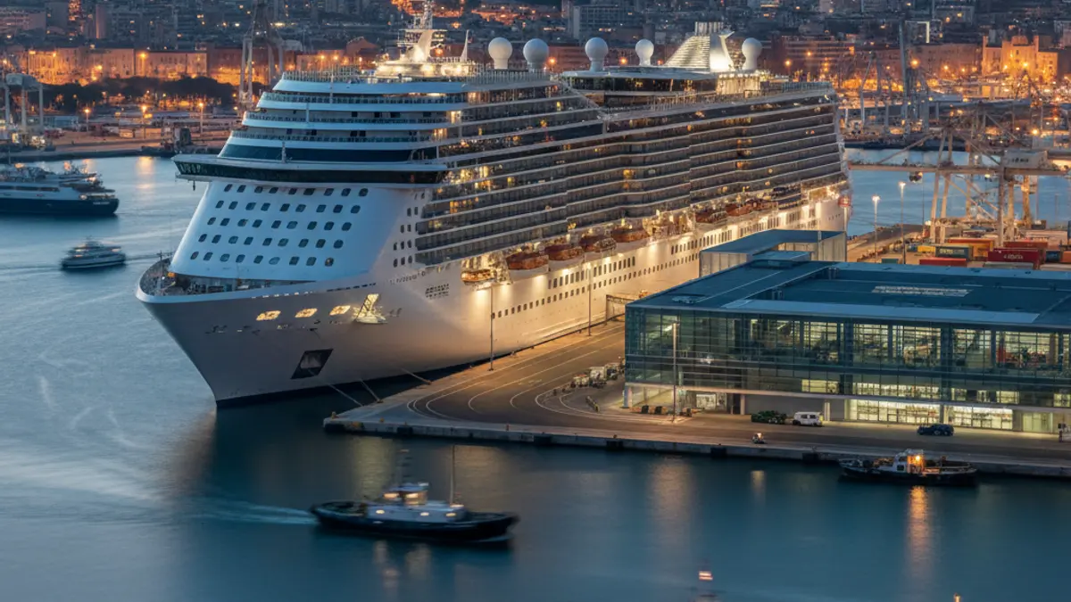 Imagen de un gran crucero atracado en el puerto de Alicante al atardecer, con las luces de la ciudad al fondo.