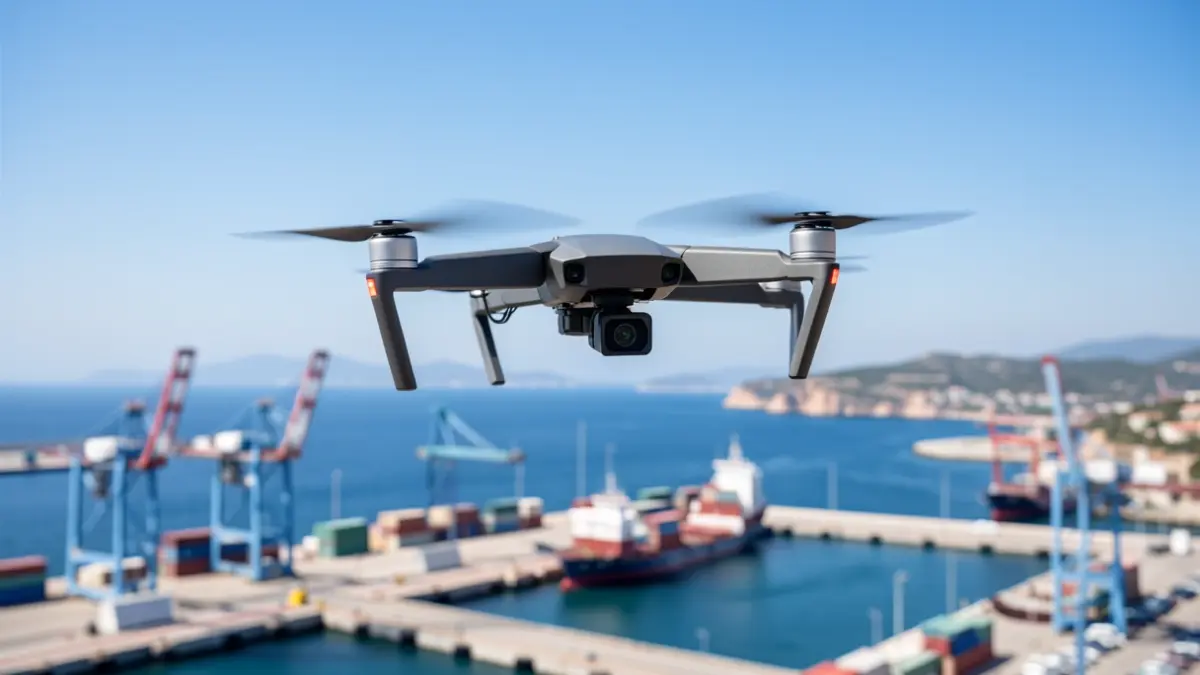 Generic image of a drone flying over a modern port.