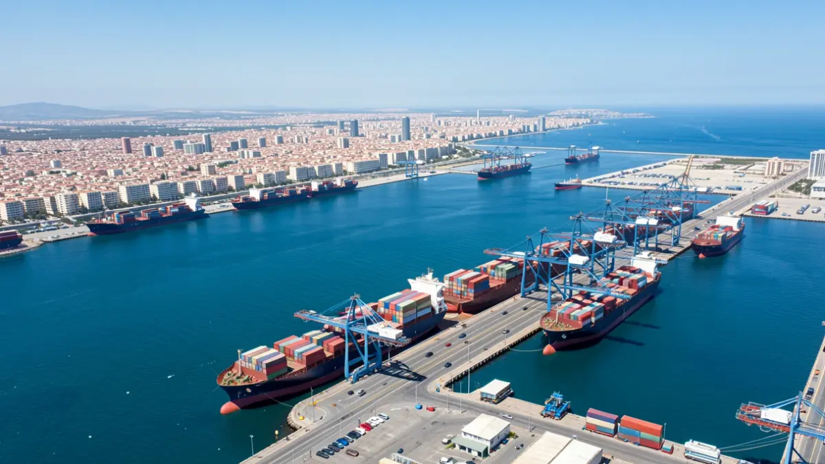 Vista aérea del Puerto de Alicante con barcos de carga y el mar Mediterráneo.