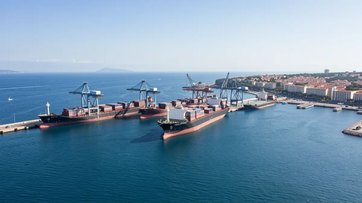 Vista aérea del Puerto de Tarragona con barcos de carga y grúas.