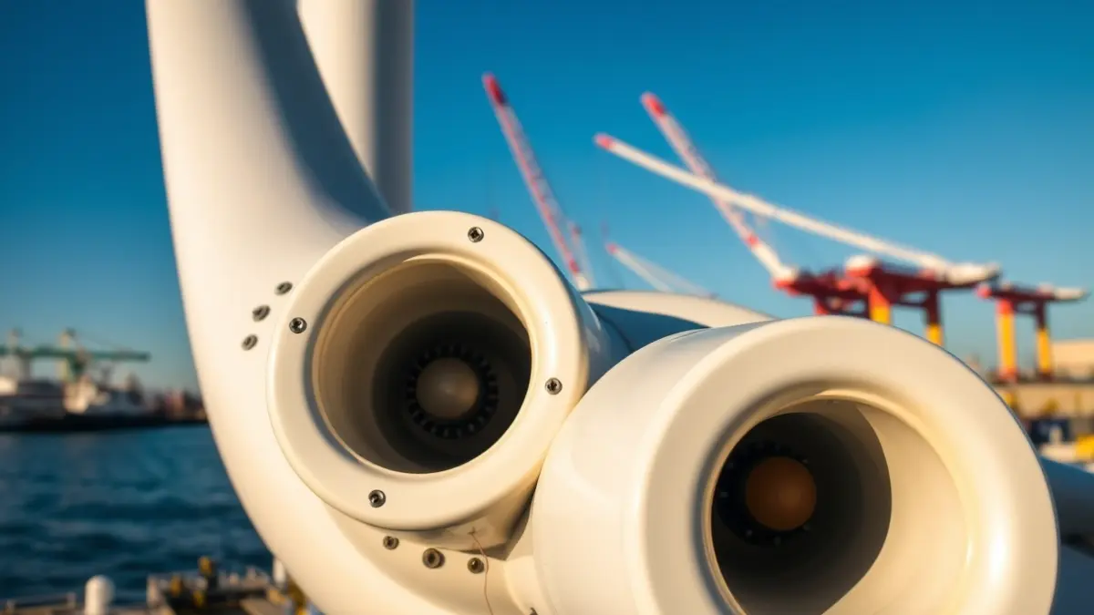 Floating wind turbine components at an industrial port