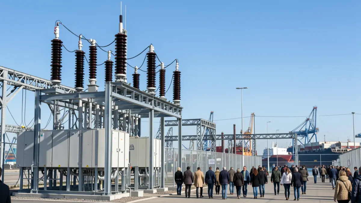 Imagen genérica de una subestación eléctrica en un entorno industrial portuario.