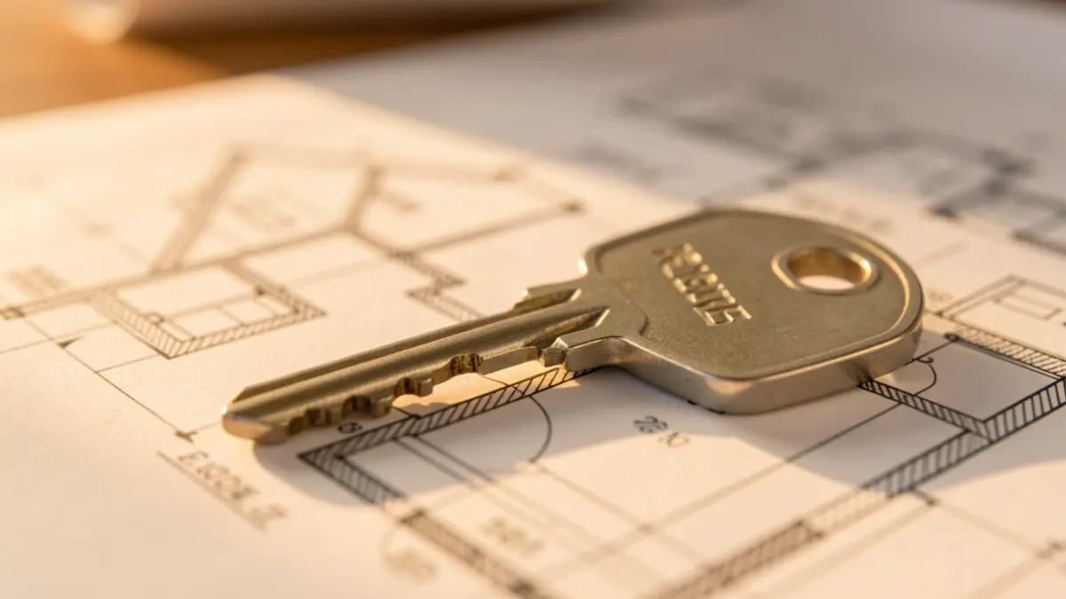 Generic image of a key on housing blueprints representing the real estate market.