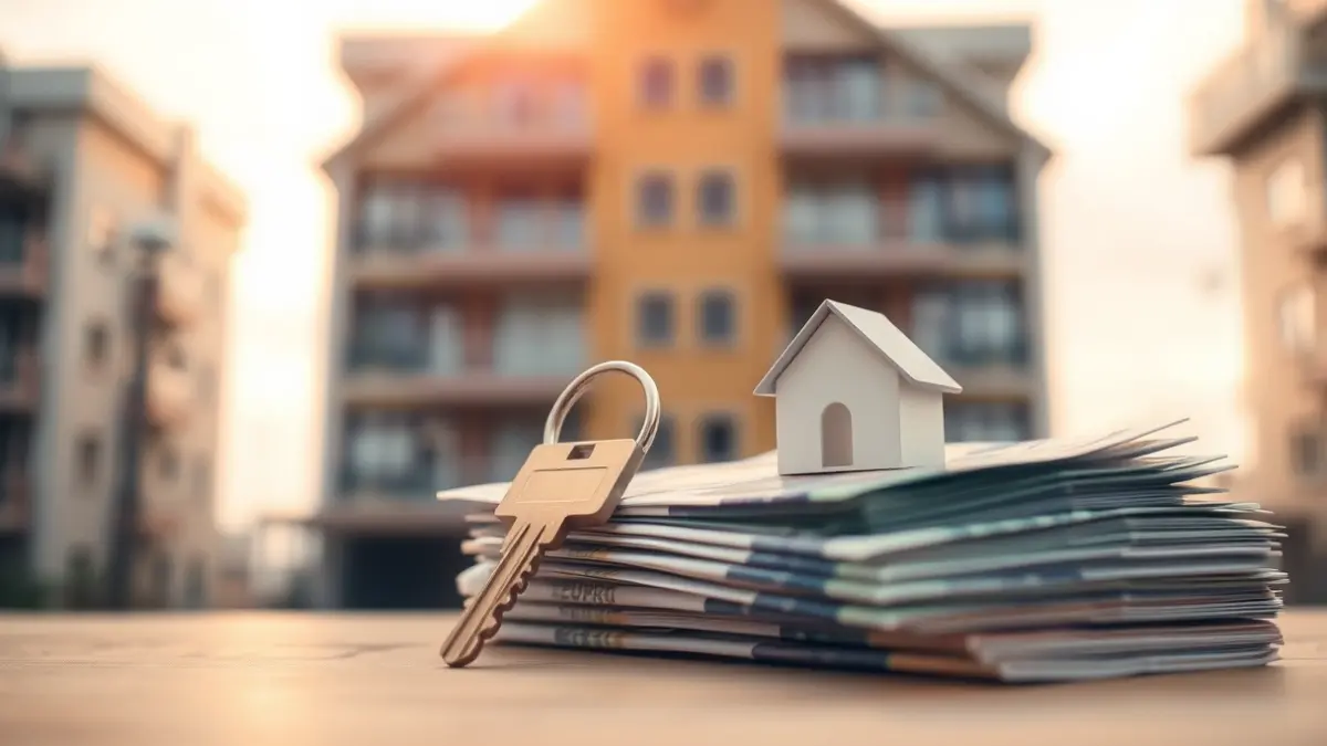 Generic image of a house key on euro banknotes, with a residential building in the background, symbolizing the real estate market.