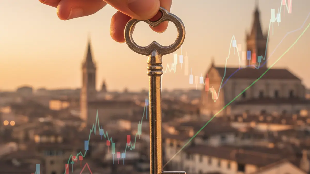 Imagen genérica de una mano sosteniendo una llave de casa, con gráficos financieros y un paisaje urbano difuminado al fondo, representando el mercado inmobiliario y los precios del alquiler.