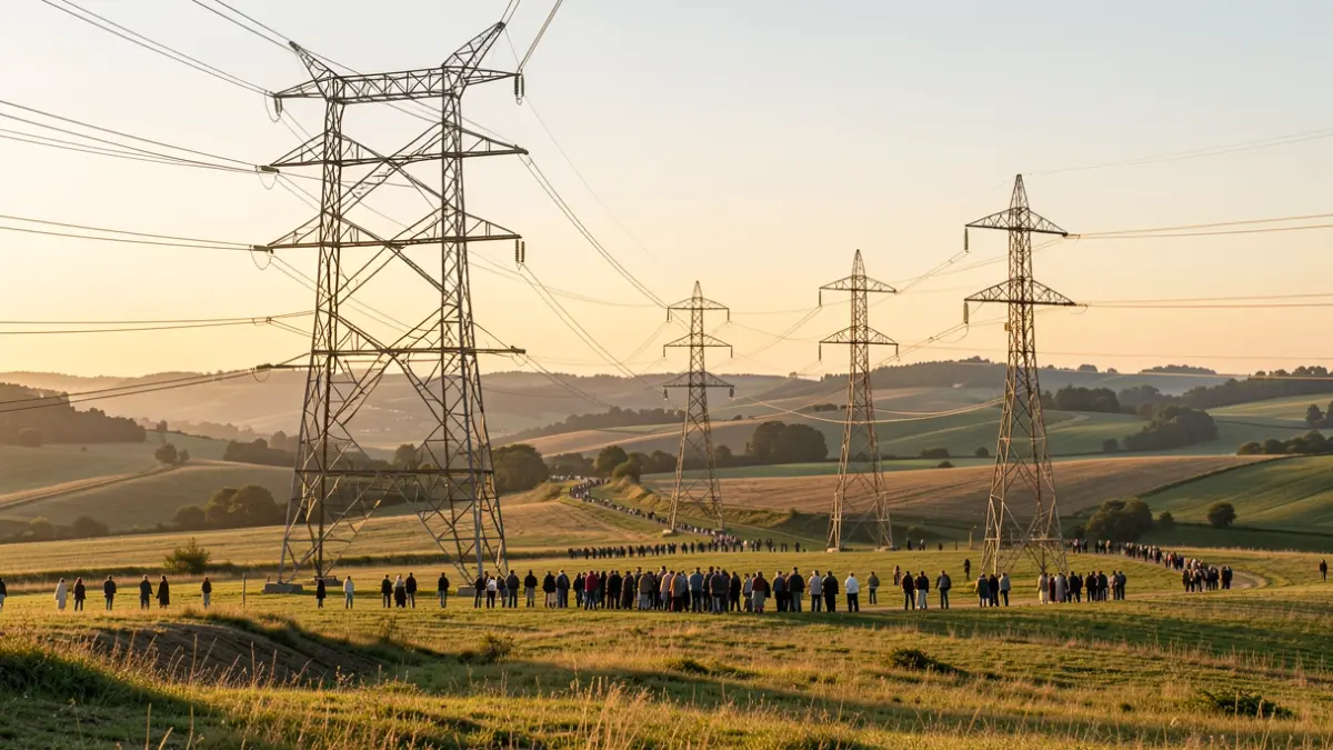 Generic image of high-voltage transmission towers in a rural setting.