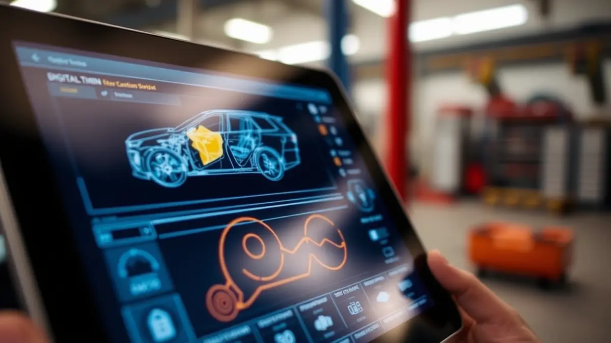 Imagen de una pantalla de tableta con un gemelo digital de un coche, mostrando daños y datos.