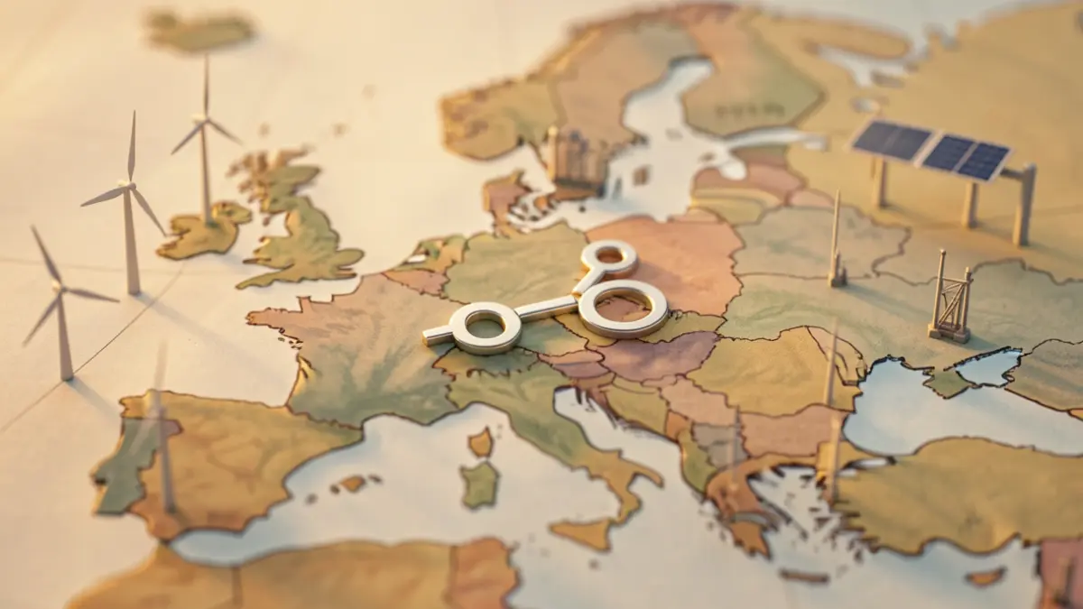 Símbolo de hidrógeno sobre un mapa de Europa con elementos de energía renovable.