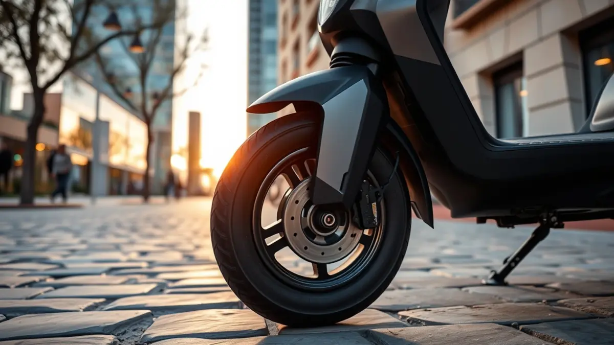 Generic image of an electric scooter wheel on a sidewalk, with office buildings in the background.