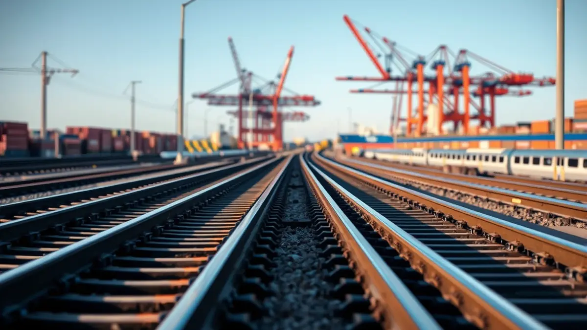 Generic image of train tracks at a port, with cranes and ships in the background.