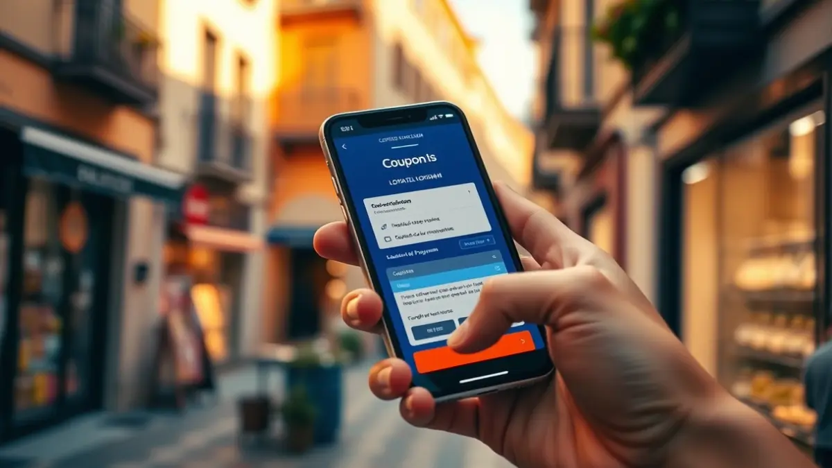 Generic image of a hand using a mobile app for discounts in a local commercial setting.