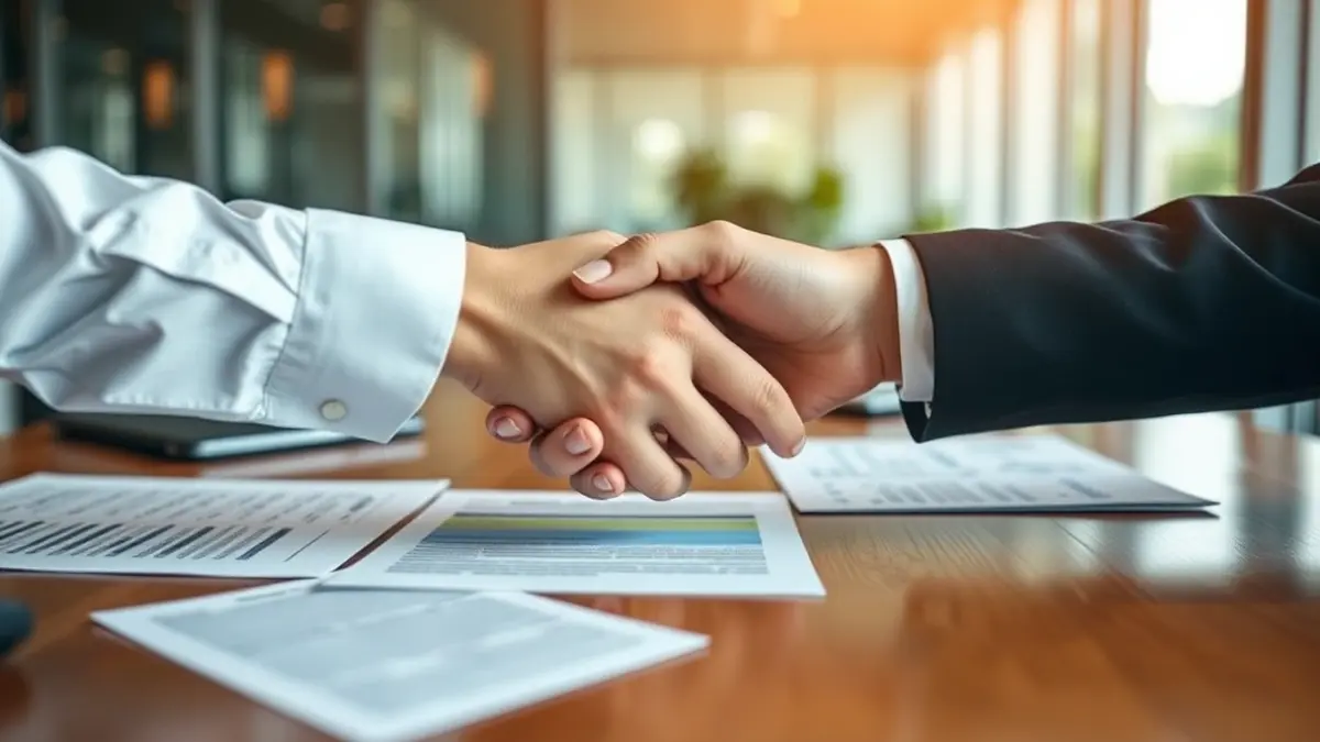 Imagen genérica de dos manos estrechándose sobre un escritorio, simbolizando un acuerdo empresarial.