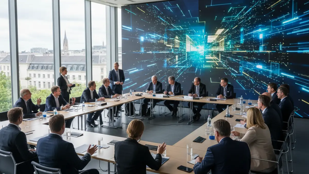 Generic image of a modern conference room with a digital screen and attendees, symbolizing innovation and digitalization.