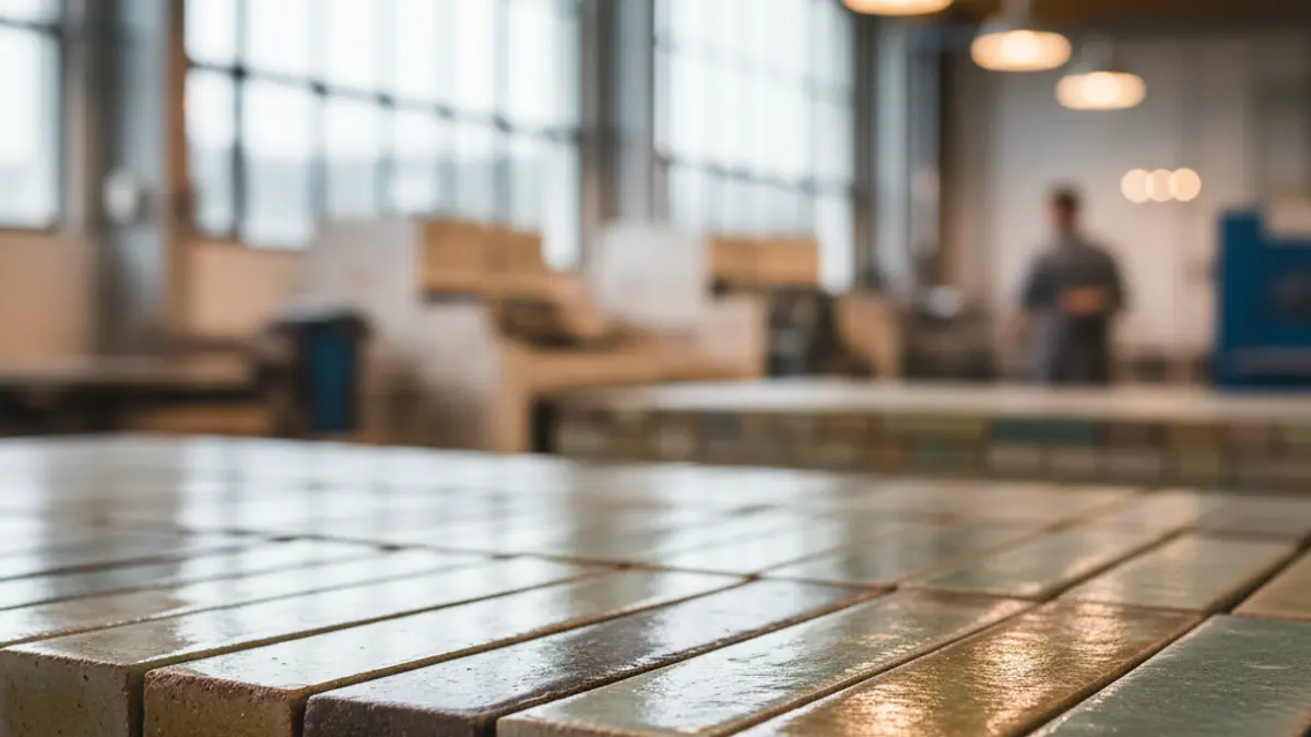 Generic image of ceramic tiles stacked in a factory, with warm industrial lighting.