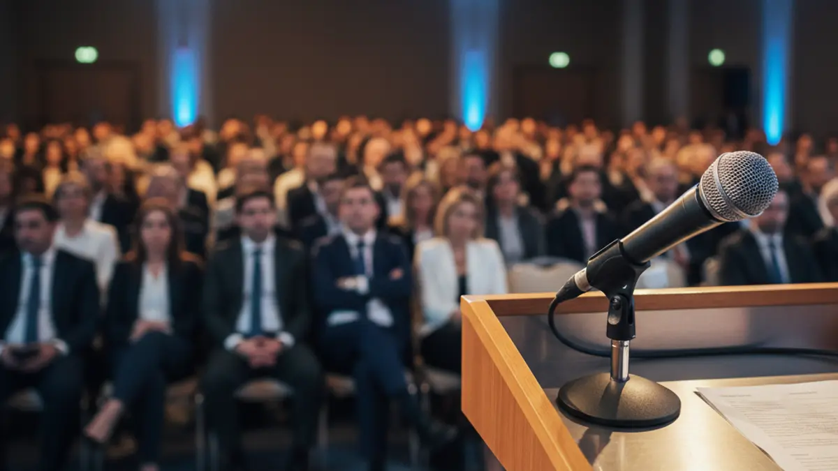 Generic image of a microphone on a podium during a conference.