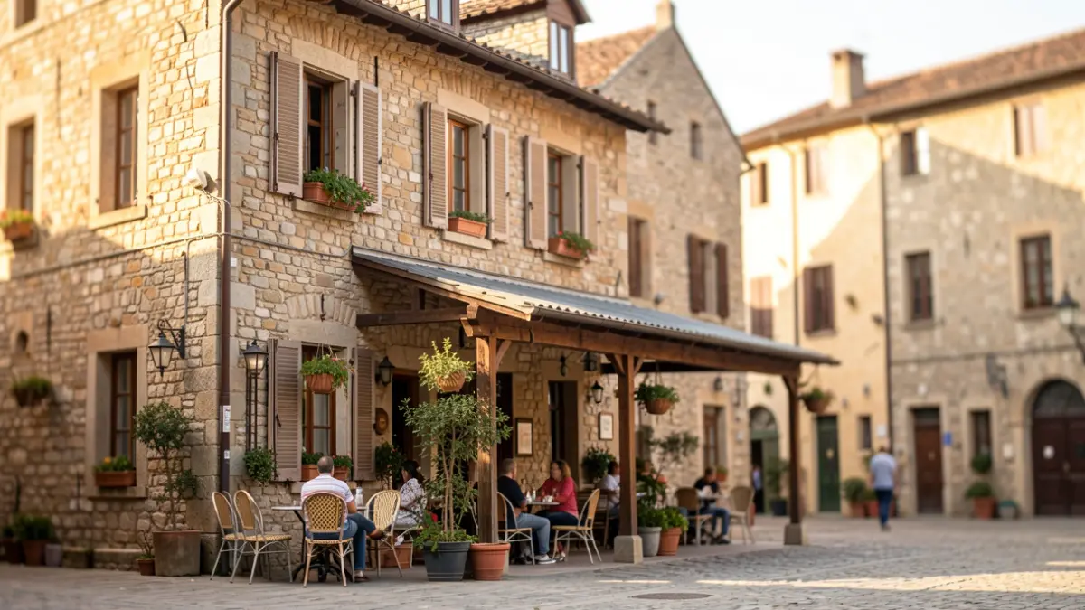 Imagen genérica de un bar con terraza en una plaza histórica.