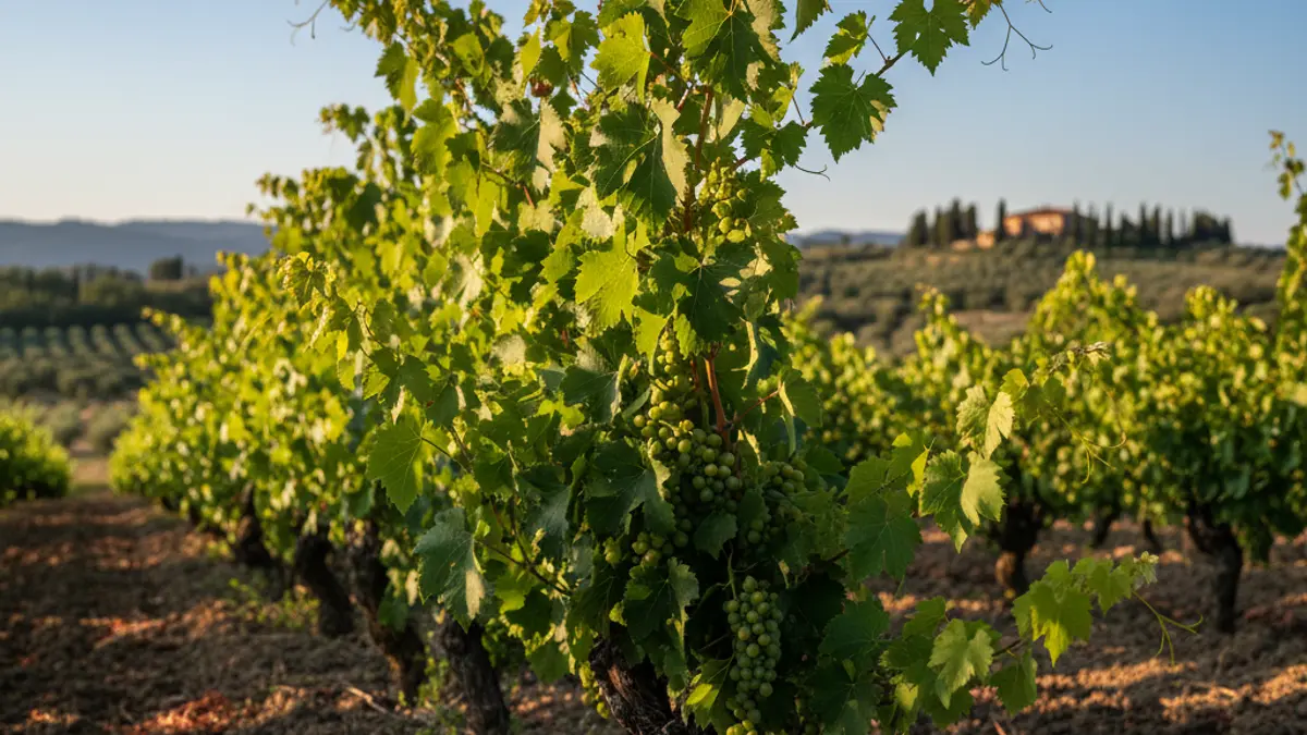 Generic image of healthy vineyards in a Valencian Community field, with fertile soil and blue sky.