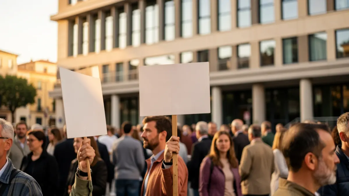 Workers gathered in front of an office building during a labor protest.