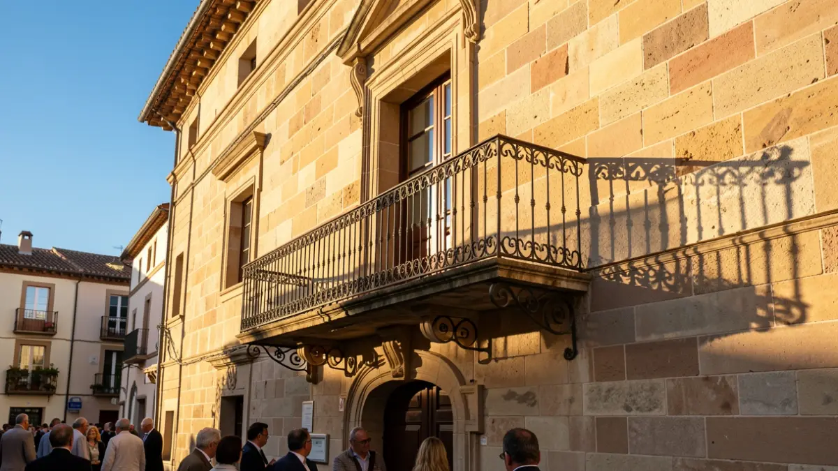 Imagen genérica de la fachada de un ayuntamiento mediterráneo con balcón de hierro y luz de tarde.