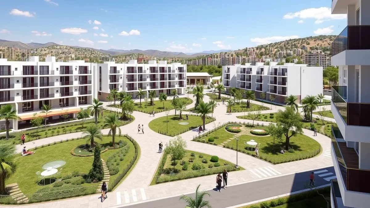 Imagen de una urbanización moderna con zonas verdes y edificios residenciales.