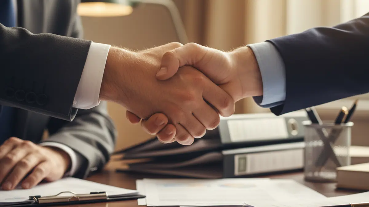 Generic image of two people networking in a professional setting.