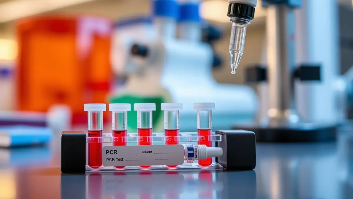 Imagen genérica de un kit de PCR en un laboratorio, con tubos y una pipeta.