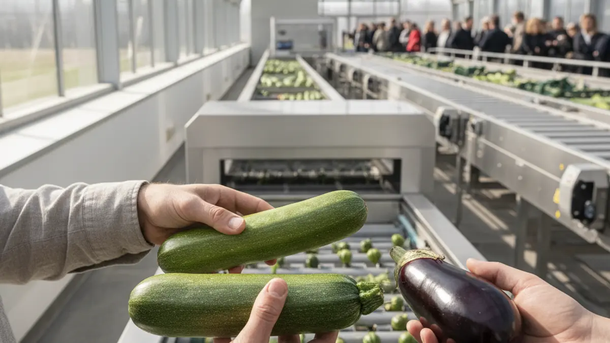 Imagen de calabacines y berenjenas en una planta hortofrutícola.