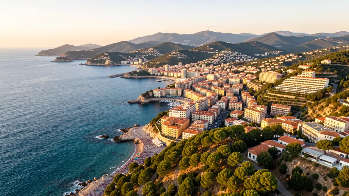 Aerial view of the coast of Roses, with the municipality and its surroundings.