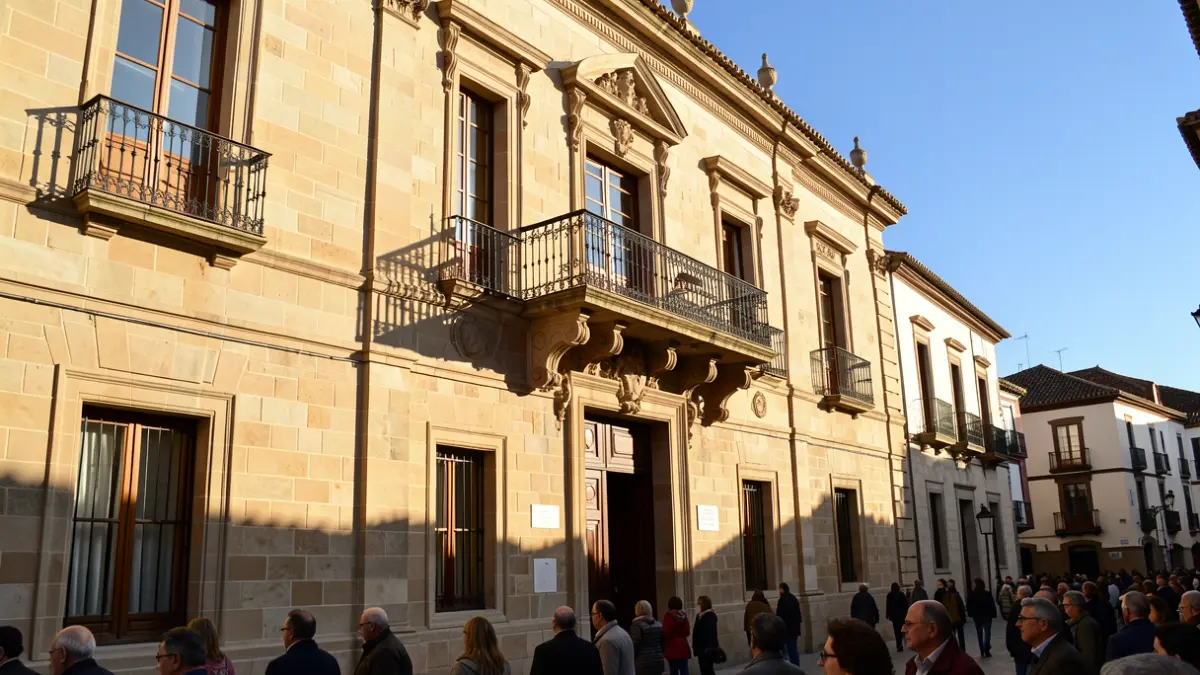 Facade of a Madrid town hall with a balcony and iron railings, under the afternoon sunlight.