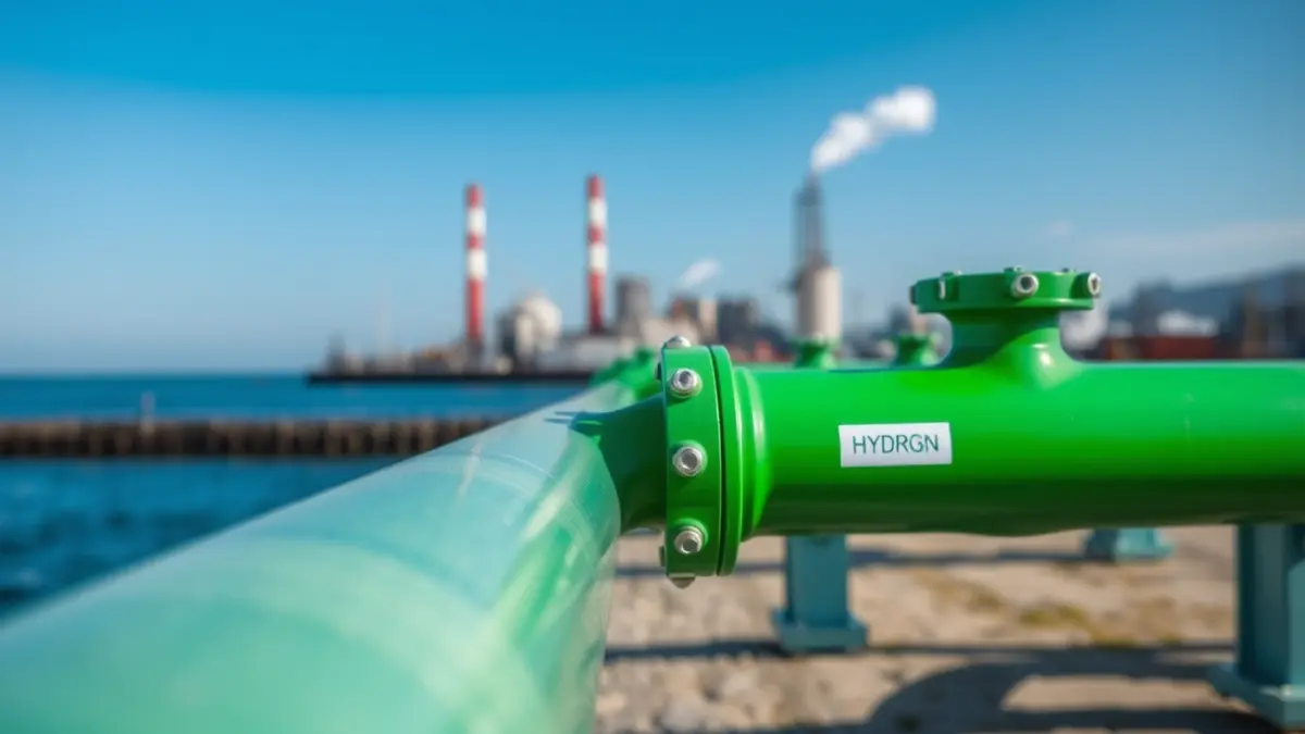 Image of an industrial pipeline section with valves, symbolizing green hydrogen infrastructure.