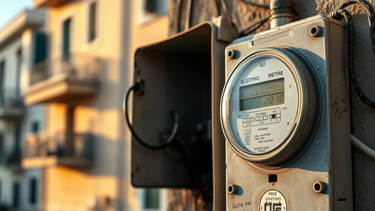 Imagen genérica de un contador eléctrico con cables, algunos manipulados, en un edificio residencial.