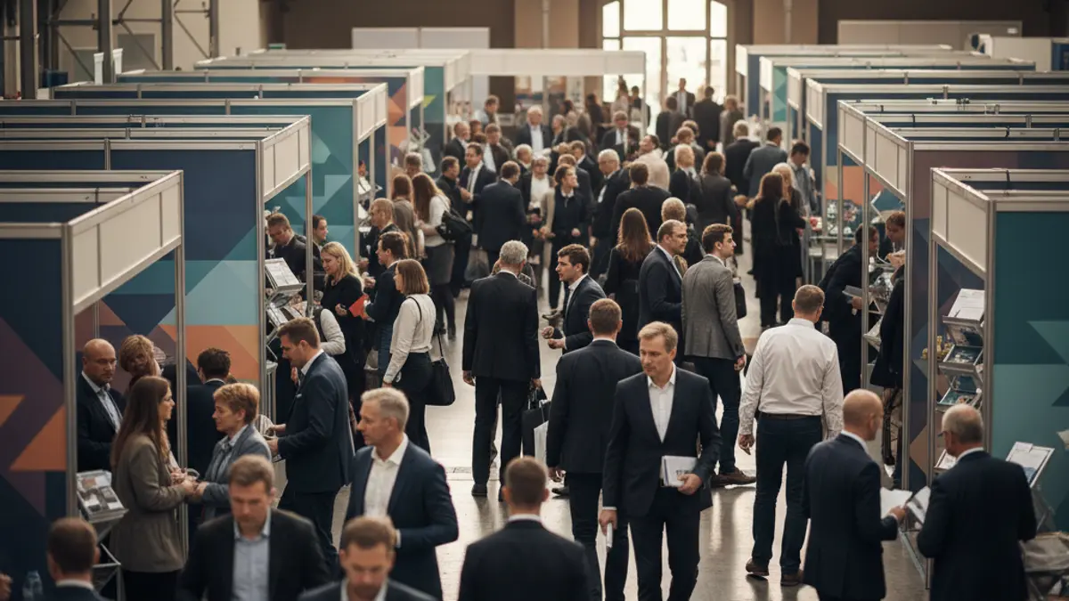 Imagen genérica de una feria de empleo con personas moviéndose entre stands de empresas.