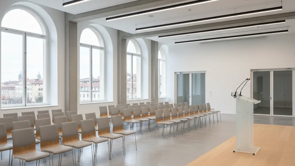 Imagen genérica de un moderno salón de conferencias que representa una feria de empleo o un evento profesional.