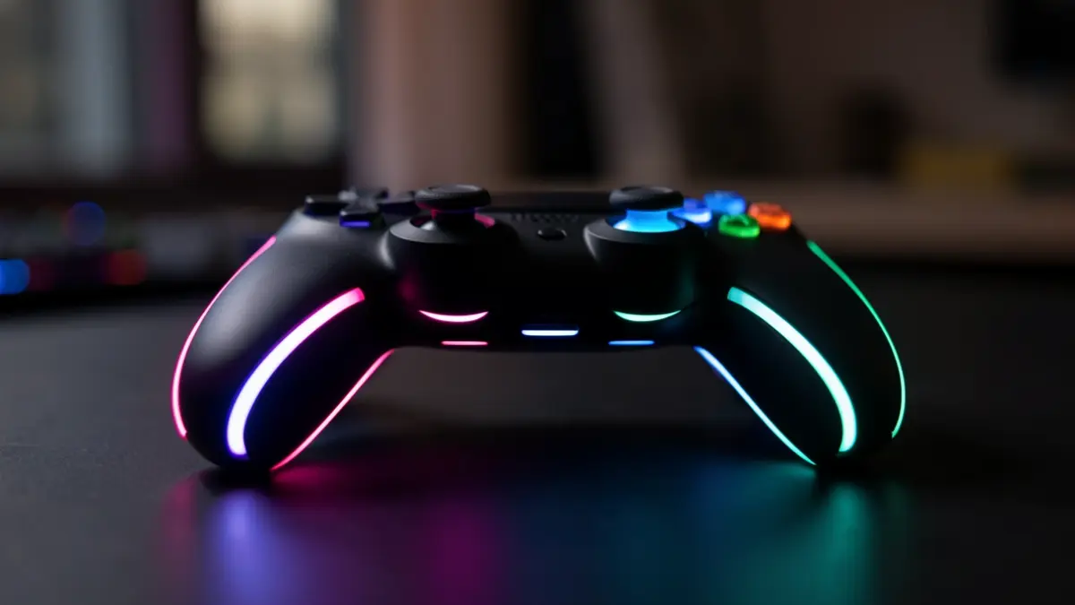 Imagen genérica de un mando de videojuego con detalles de neón.