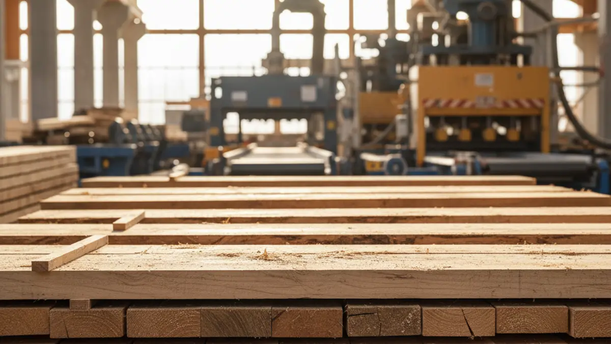 Generic image of wood stacking in a sawmill.