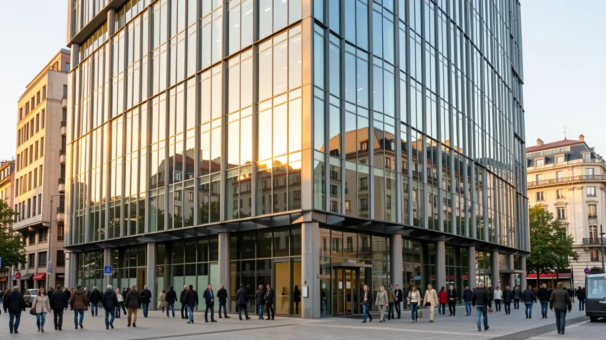 Facade of a modern office building in Bilbao with warm sunlight.