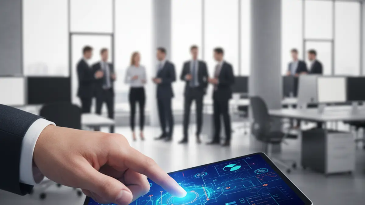 Generic image of a hand interacting with a digital tablet, displaying charts and data, in a modern office environment.