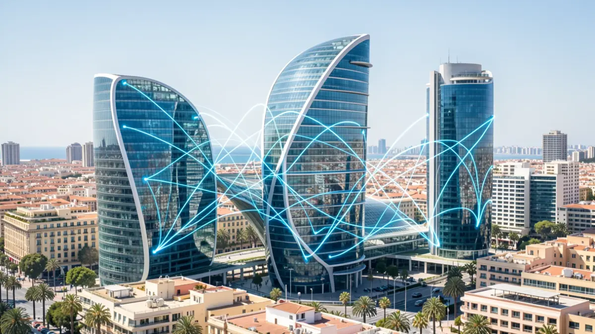Image of Malaga city with elements representing its technological growth.